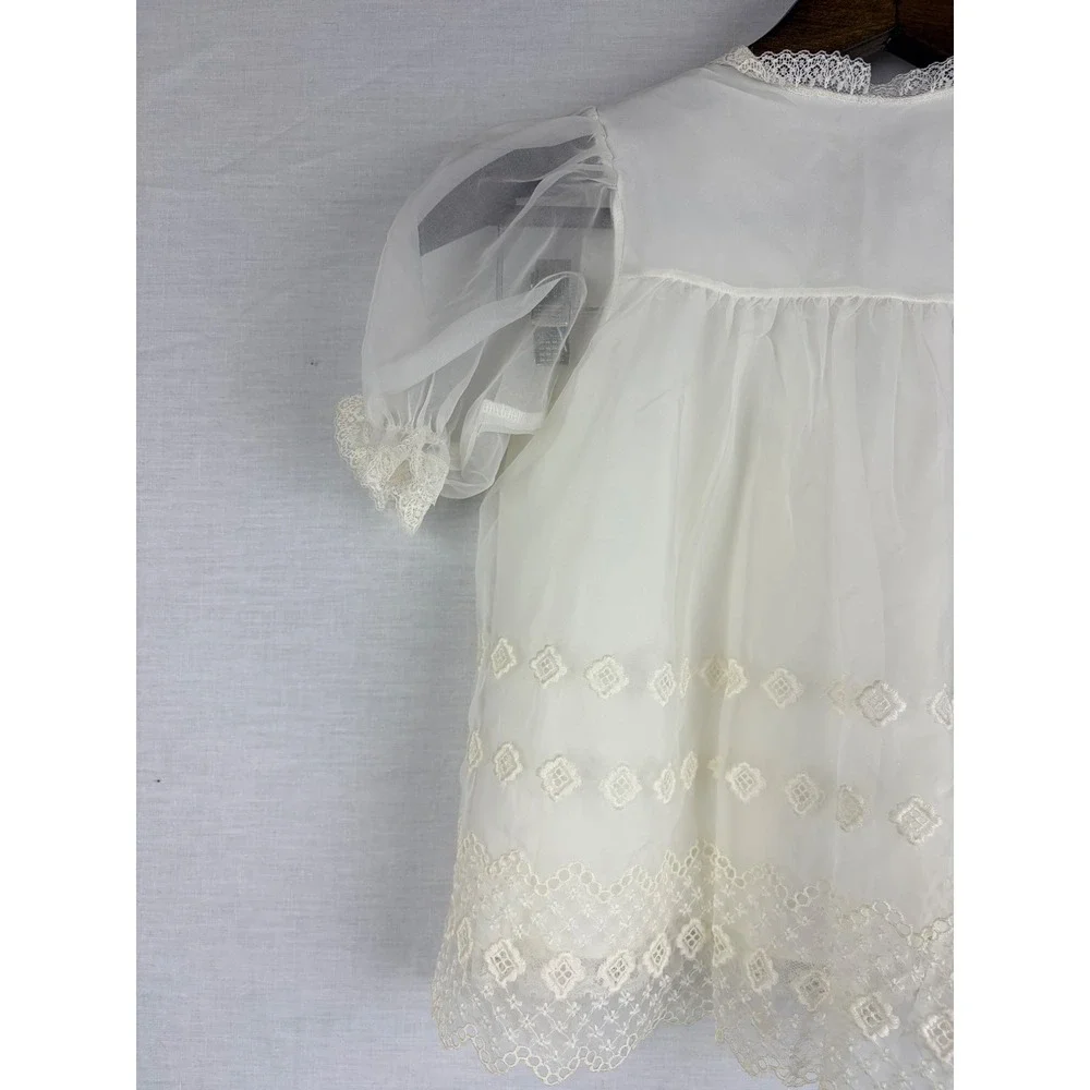 Vintage‎ White Sheer Embroidered Baby Christening Gown Lace Trim Ribbon Tie 9M